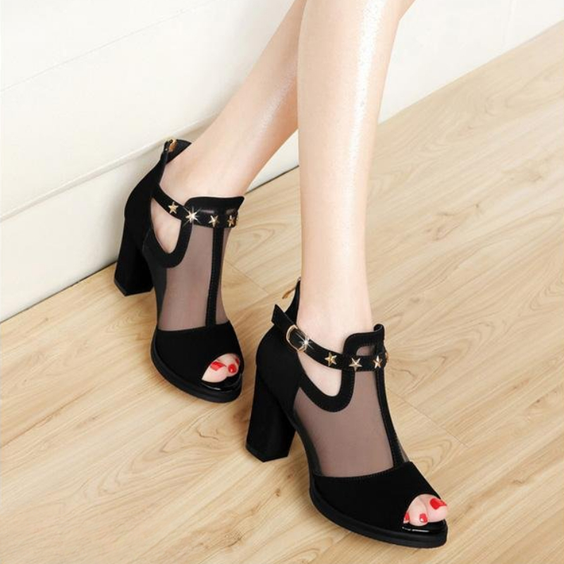 Mesh Peep Toe Block High Heels - огляд і ціна Mesh Strap Metal