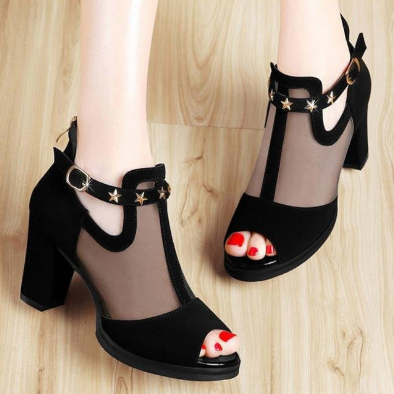 Mesh Peep Toe Block High Heels - огляд і ціна Mesh Strap Metal